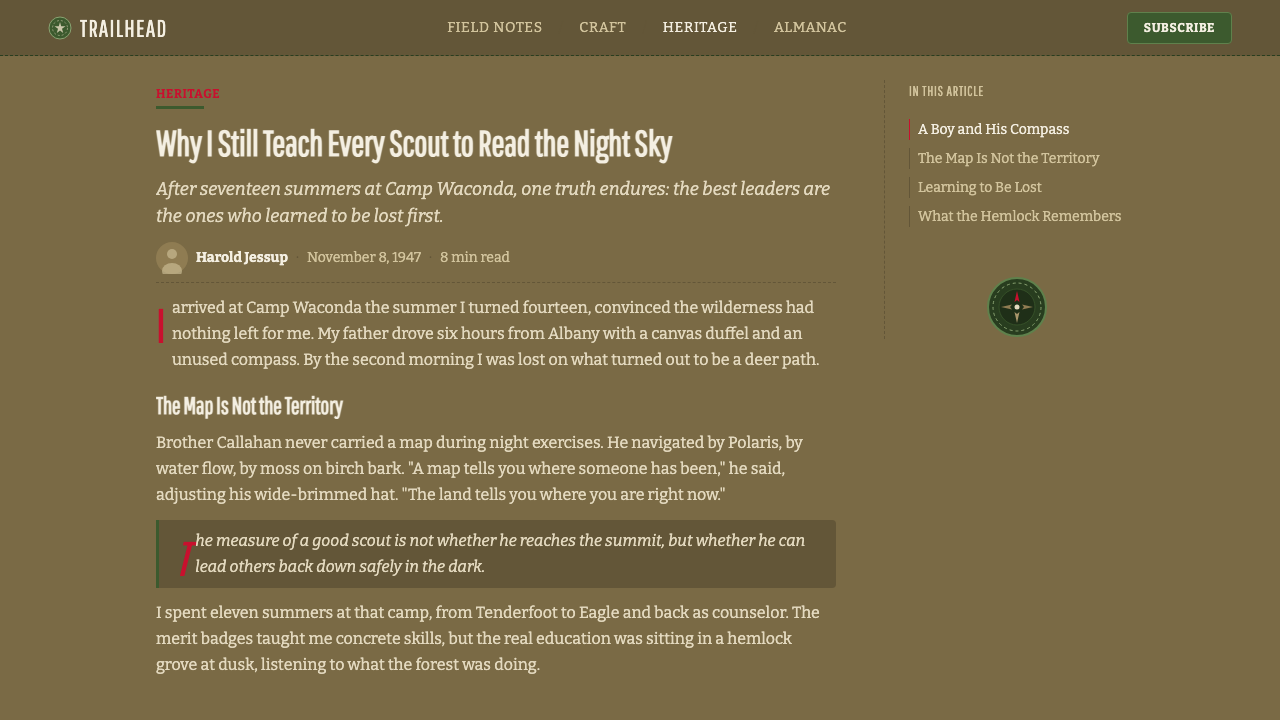 Scout Merit Badges design style applied to a Article page