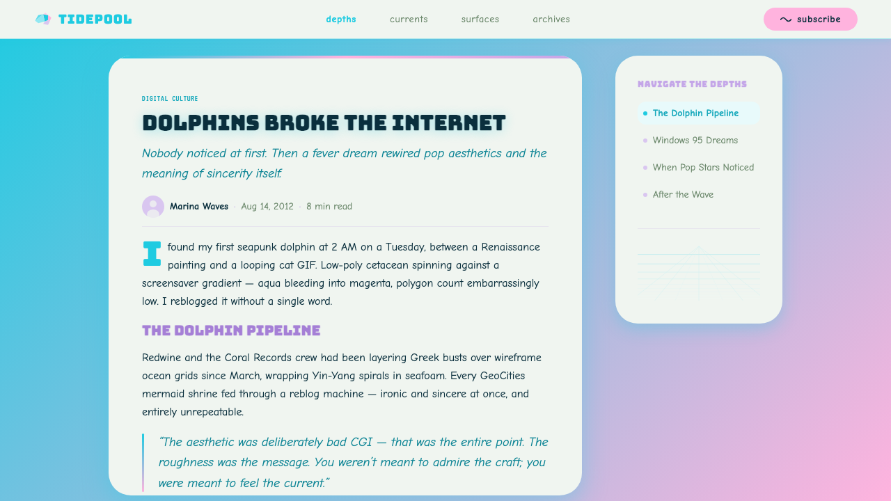 Seapunk Tumblr (2012) design style applied to a Article page