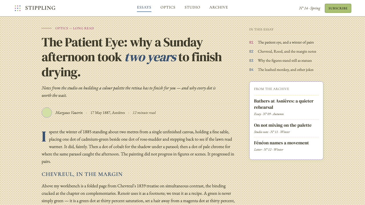 Seurat — Grande Jatte Pointillism design style applied to a Article page