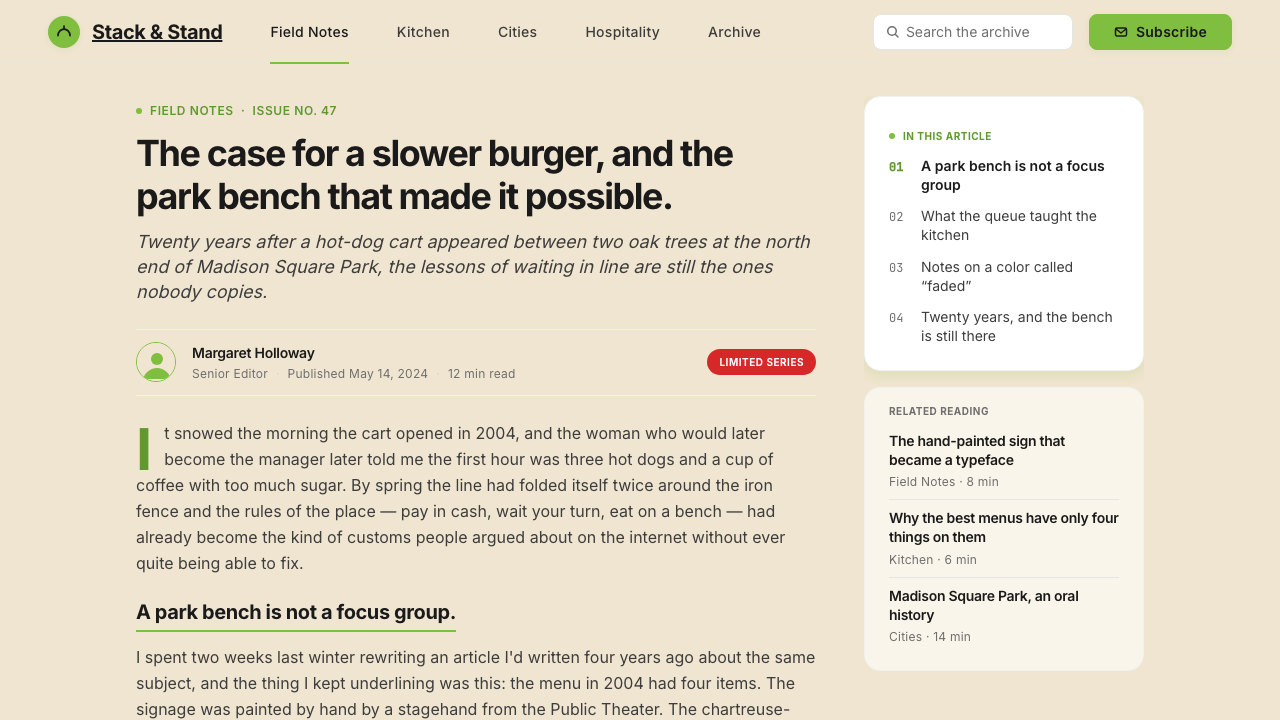 Shake Shack (Green-Chartreuse) design style applied to a Article page