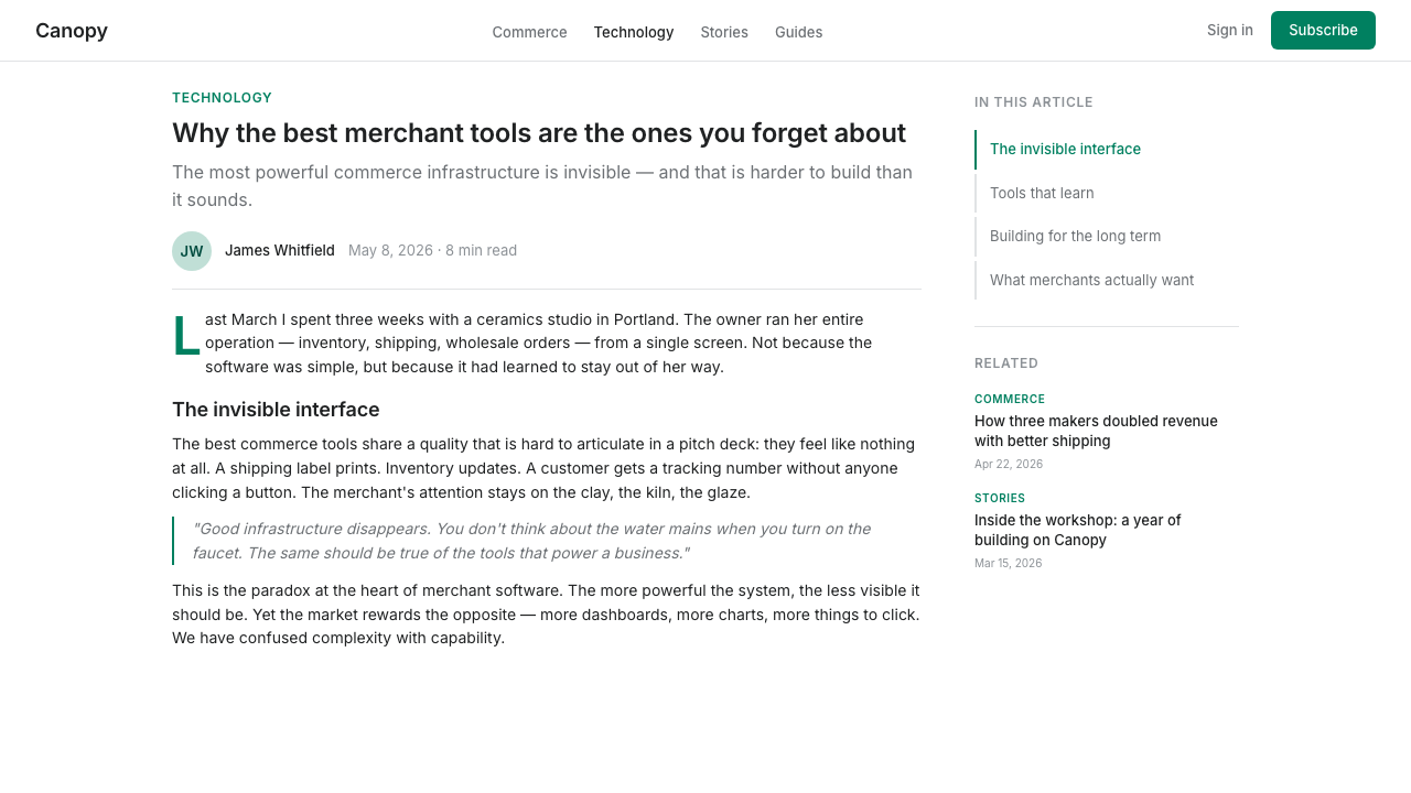 Shopify Modern design style applied to a Article page