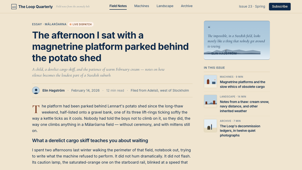 Simon Stålenhag — Tales from the Loop design style applied to a Article page