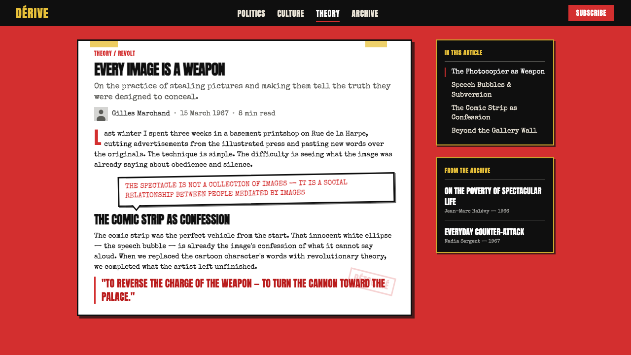 Situationist Détournement (1957) design style applied to a Article page