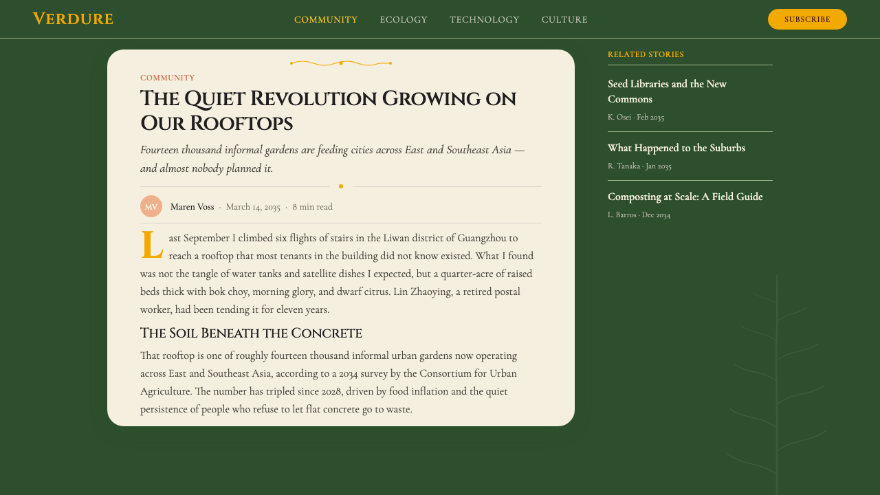 Solarpunk (2035) design style applied to a Article page