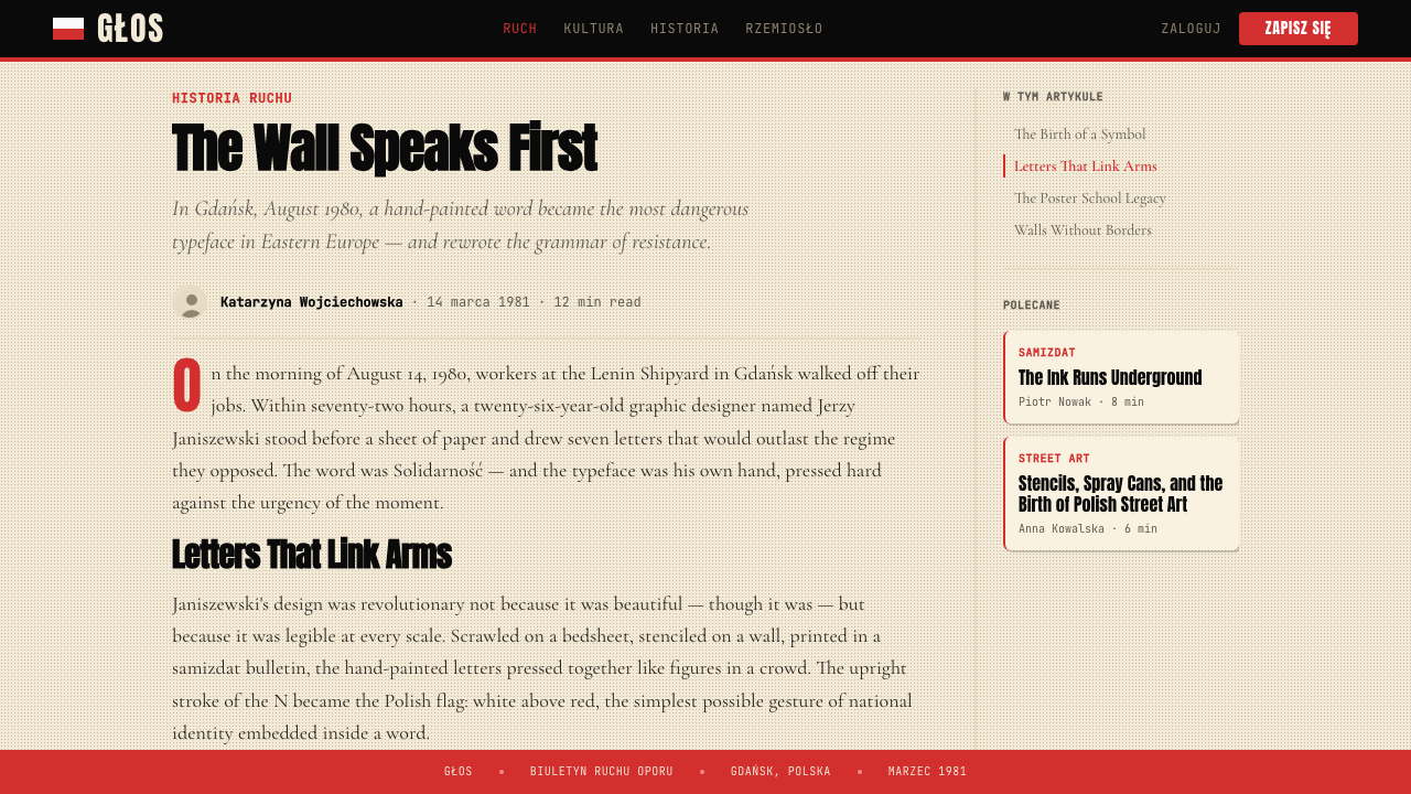 Solidarność Poland 1980 design style applied to a Article page