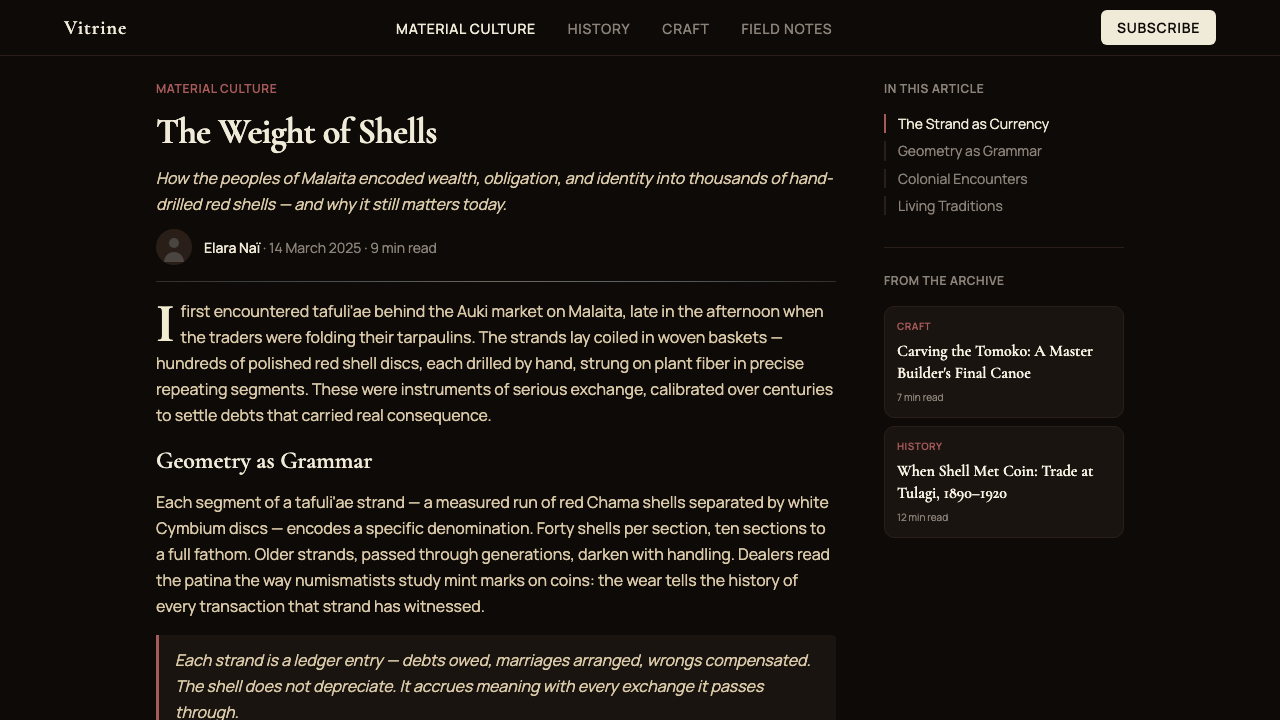 Solomon Shell Money & Pearl Inlay design style applied to a Article page