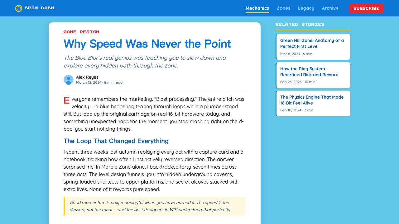 Sonic the Hedgehog (1991) design style applied to a Article page
