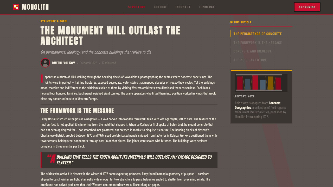 Soviet Brutalism (1972) design style applied to a Article page