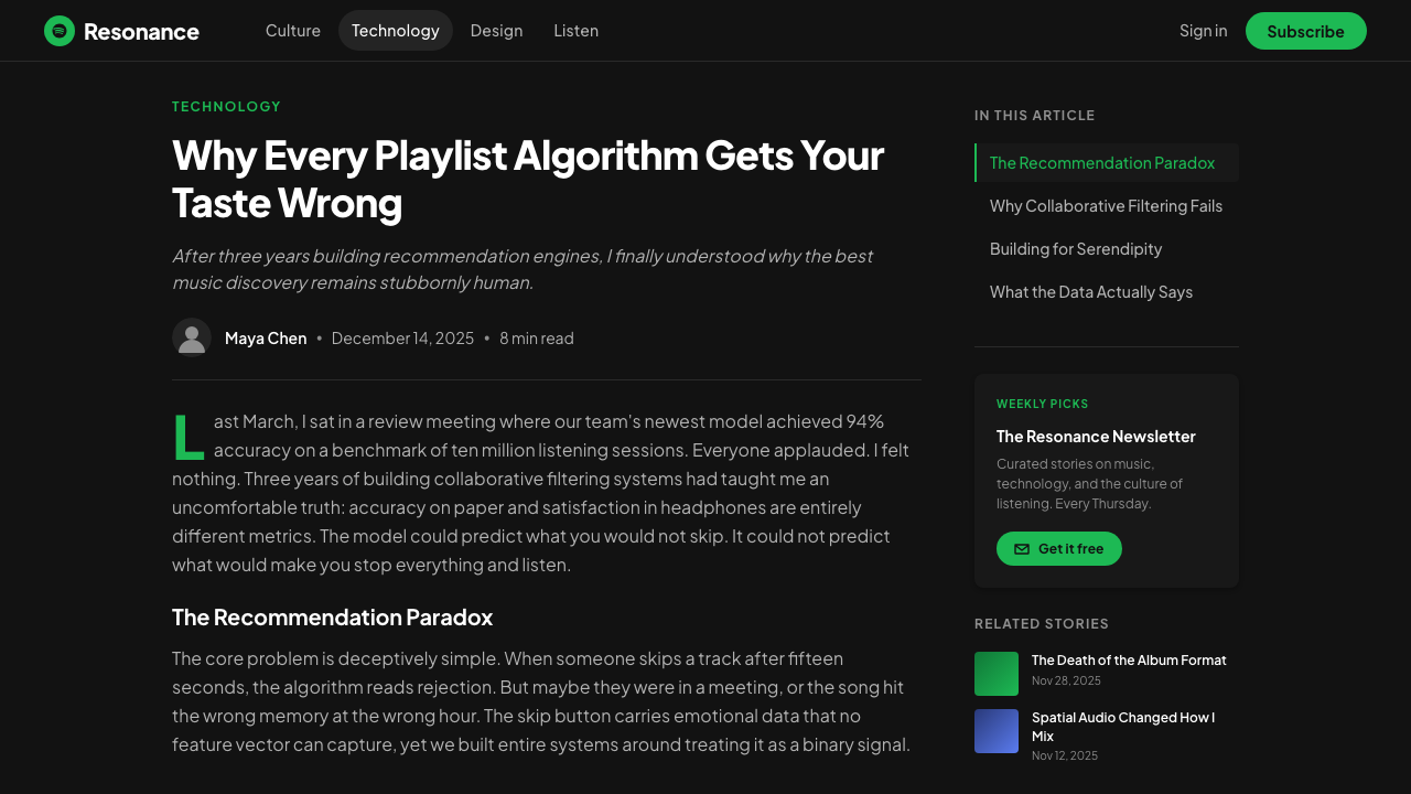 Spotify Dark design style applied to a Article page