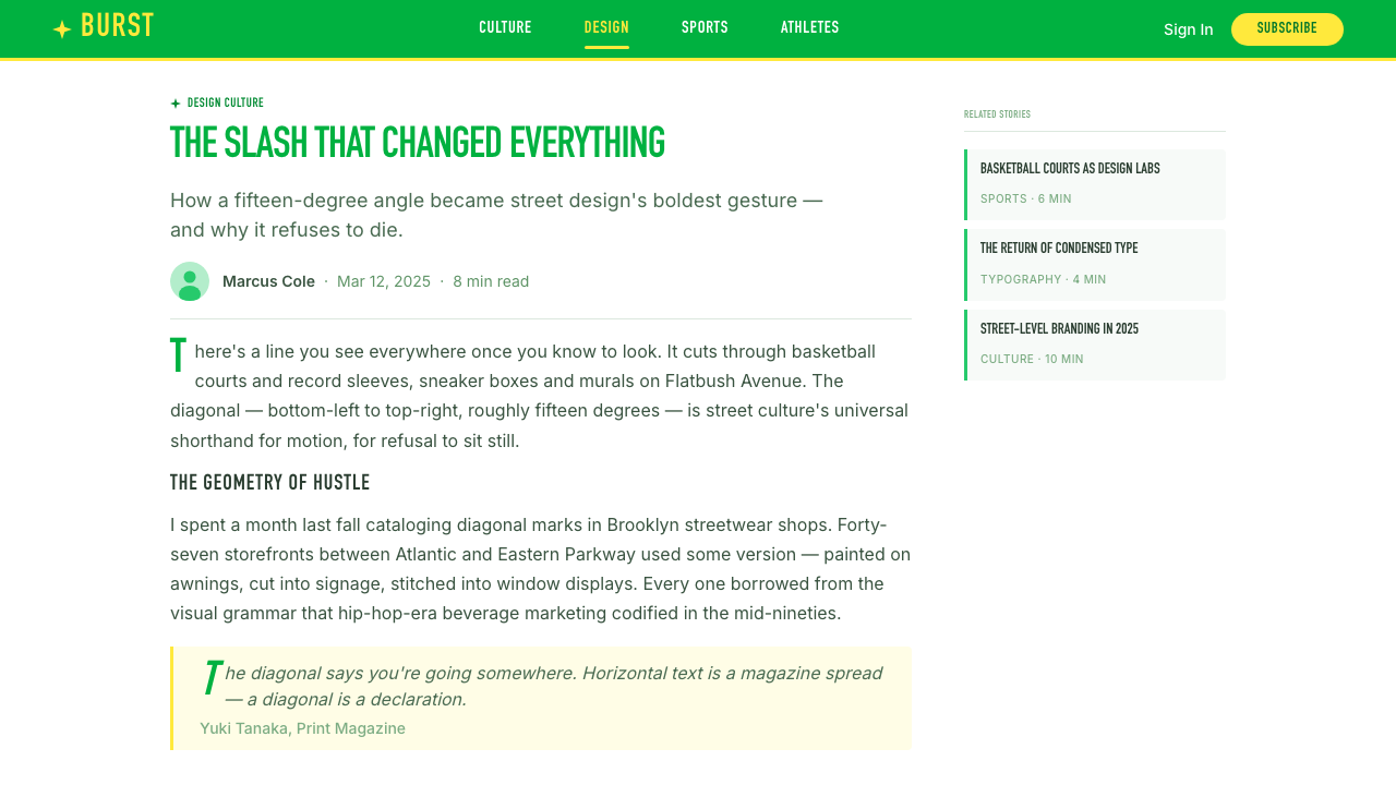 Sprite — Obey Your Thirst design style applied to a Article page