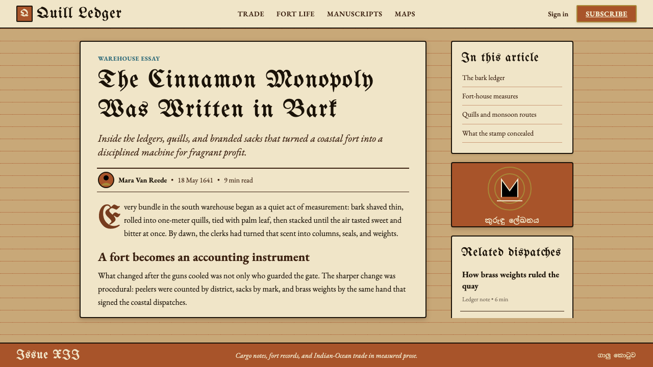 Sri Lankan Cinnamon Galle (1640) design style applied to a Article page