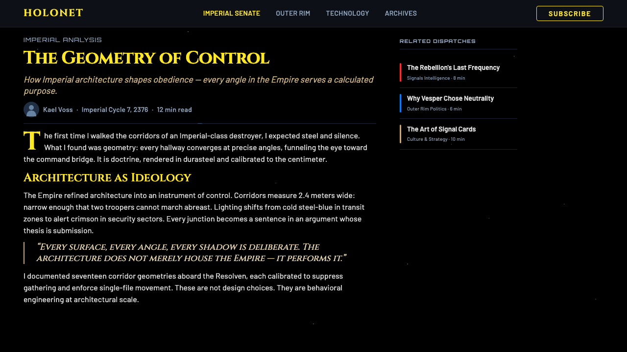 Star Wars (1977) design style applied to a Article page