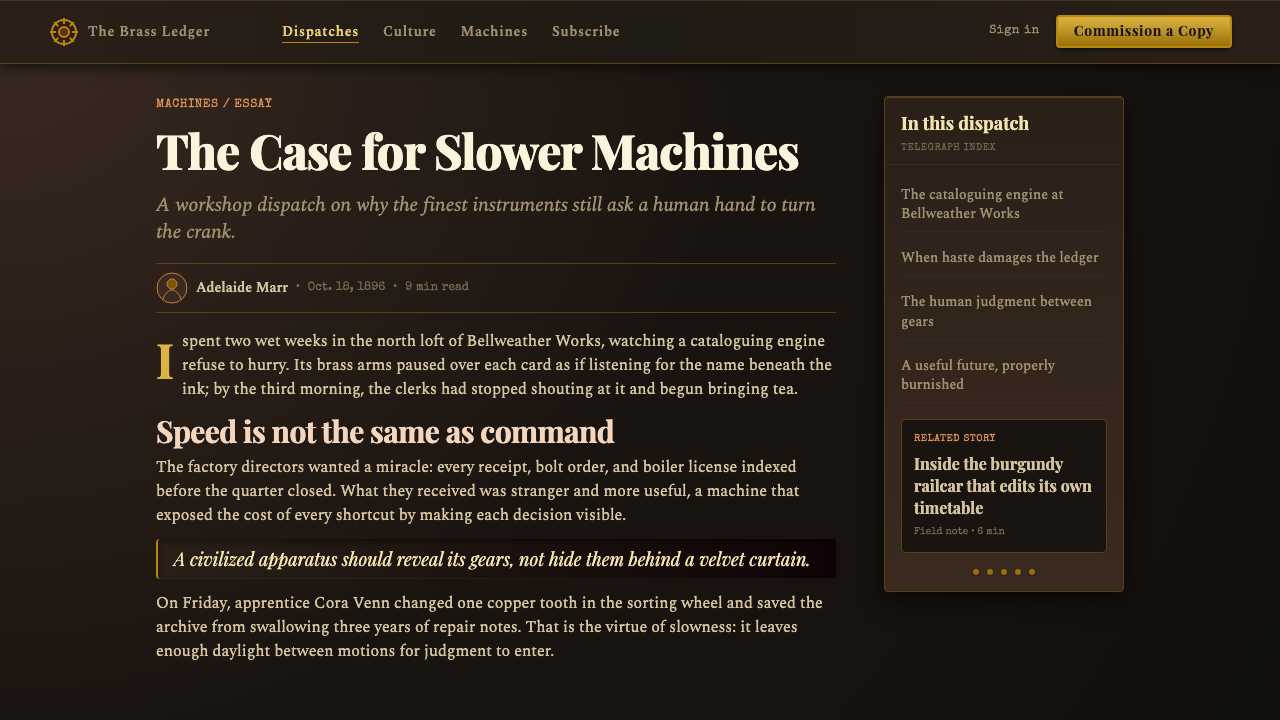 Steampunk Victorian design style applied to a Article page