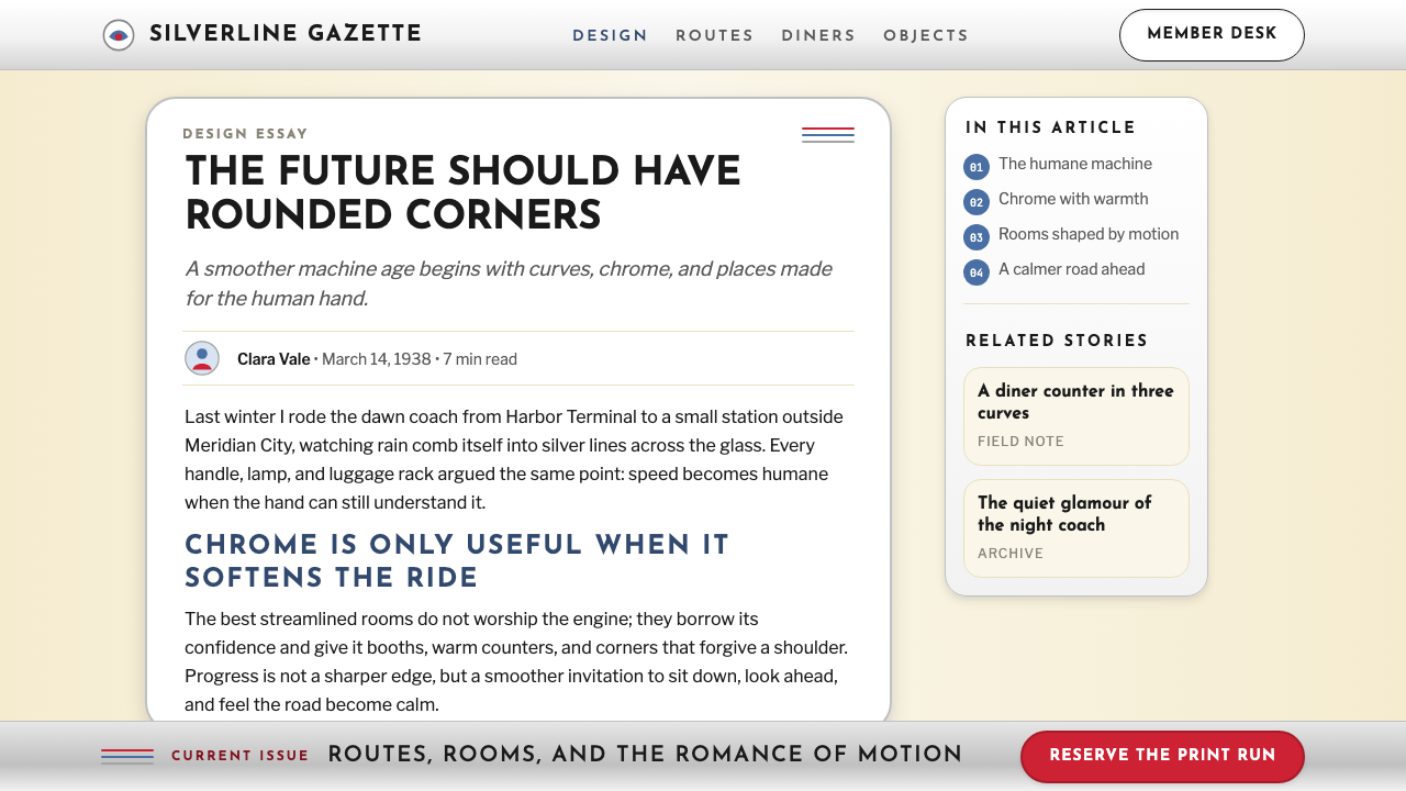 Streamline Moderne (1930s) design style applied to a Article page