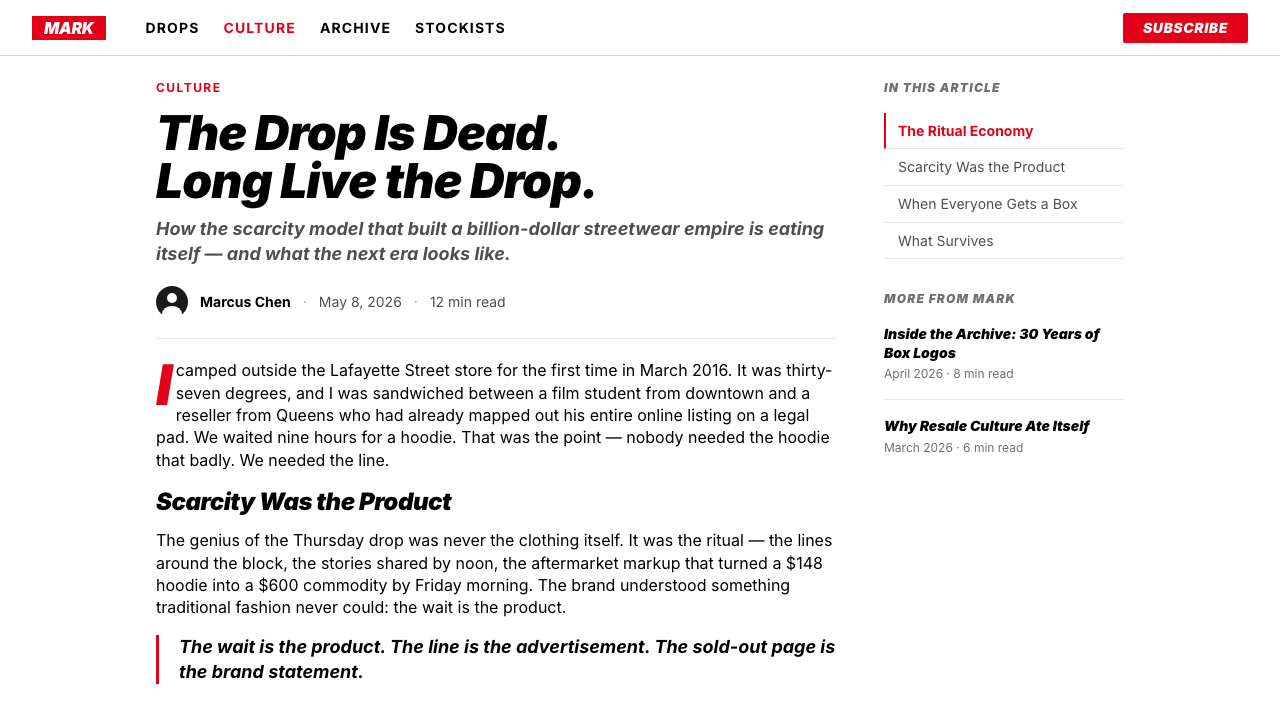 Streetwear (Supreme red) design style applied to a Article page