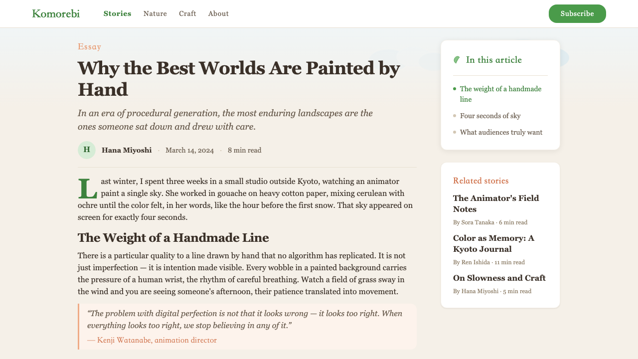 Studio Ghibli (Miyazaki) design style applied to a Article page