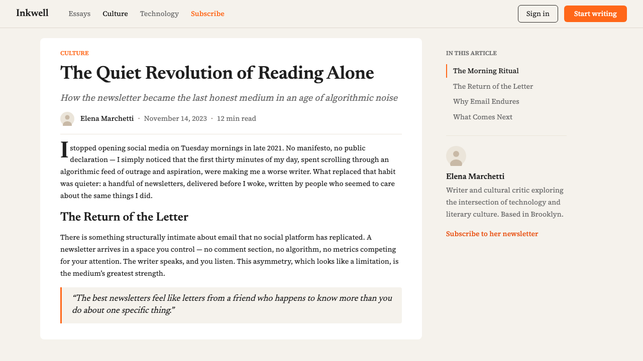 Substack 2023 design style applied to a Article page
