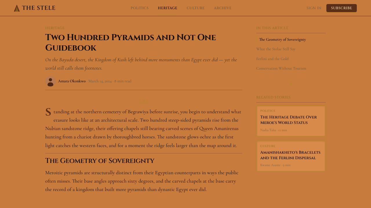 Sudanese Nubian Meroë Pyramid design style applied to a Article page