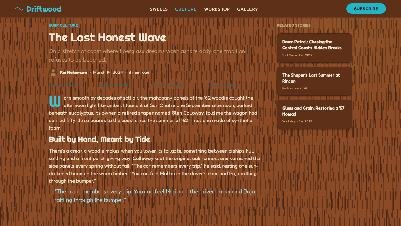 Surf Woodie Culture design style applied to a Article page