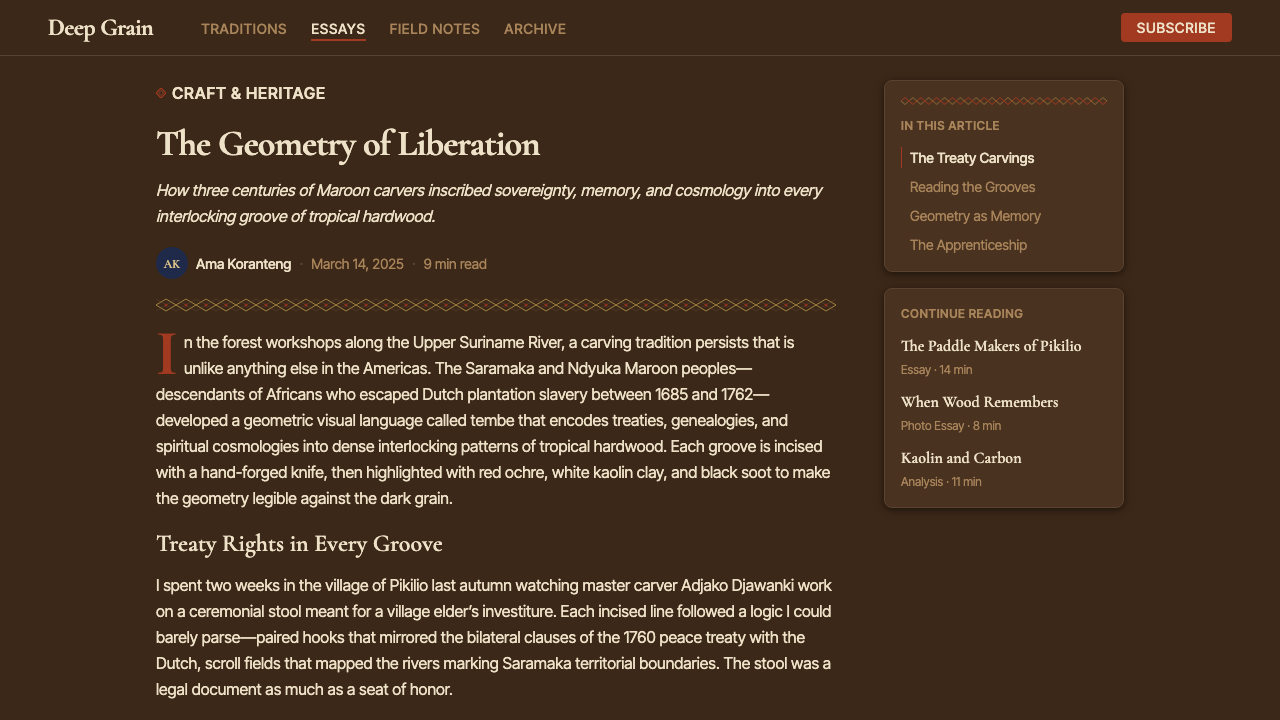 Suriname Maroon Tembe design style applied to a Article page