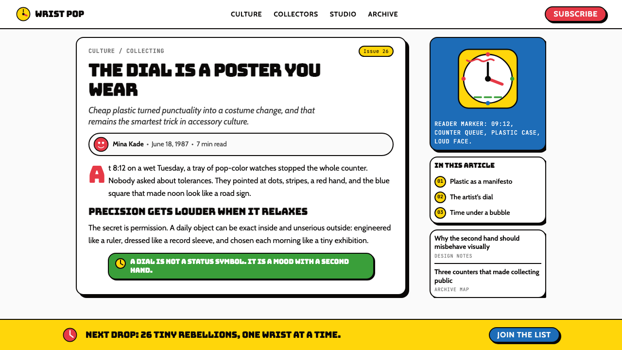 Swatch Watch (1983) design style applied to a Article page