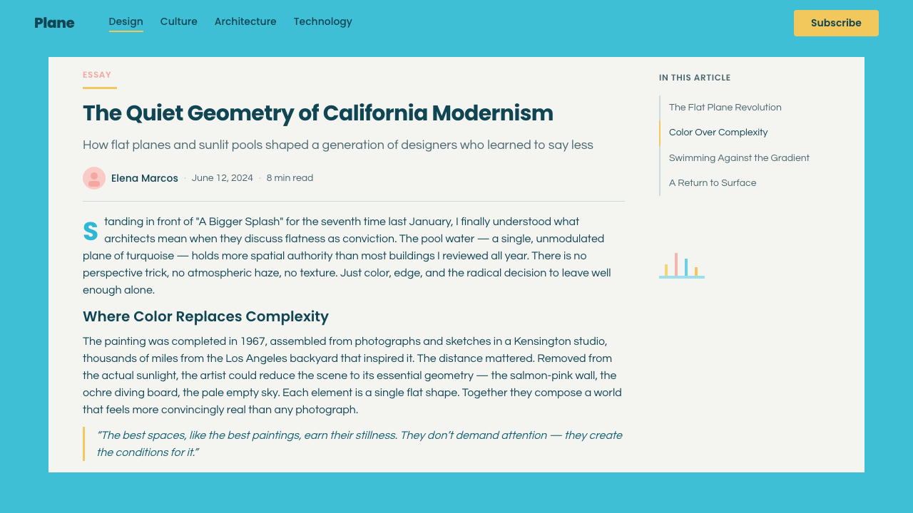 Hockney Pool Blue design style applied to a Article page