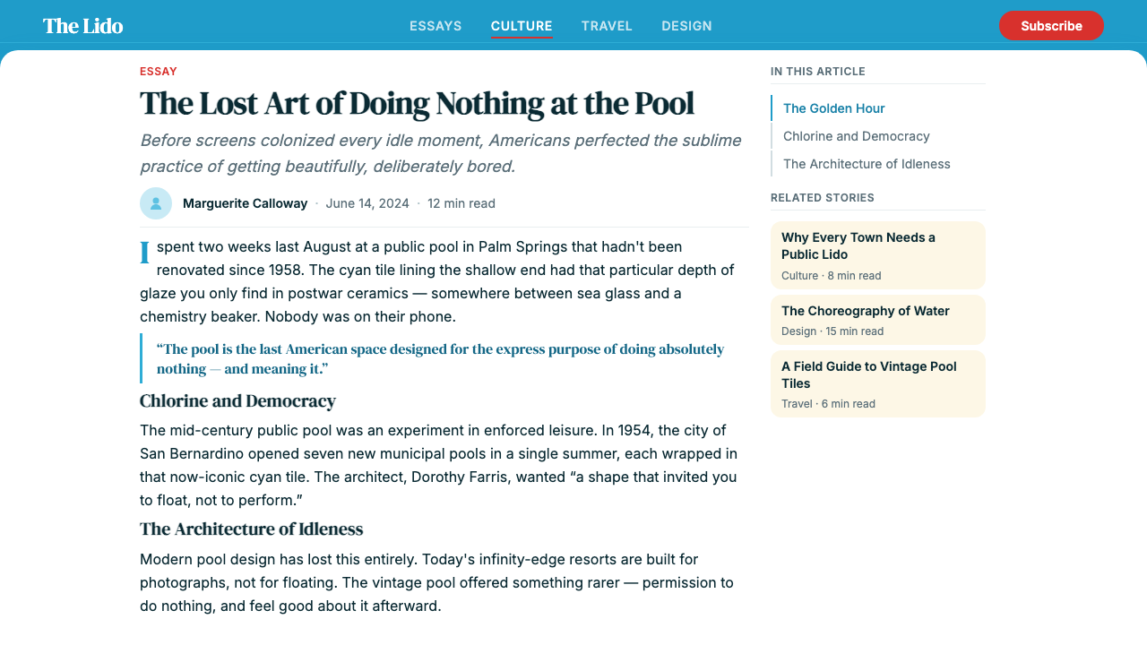 Swimming Pool Vintage Cyan Tile (1950) design style applied to a Article page