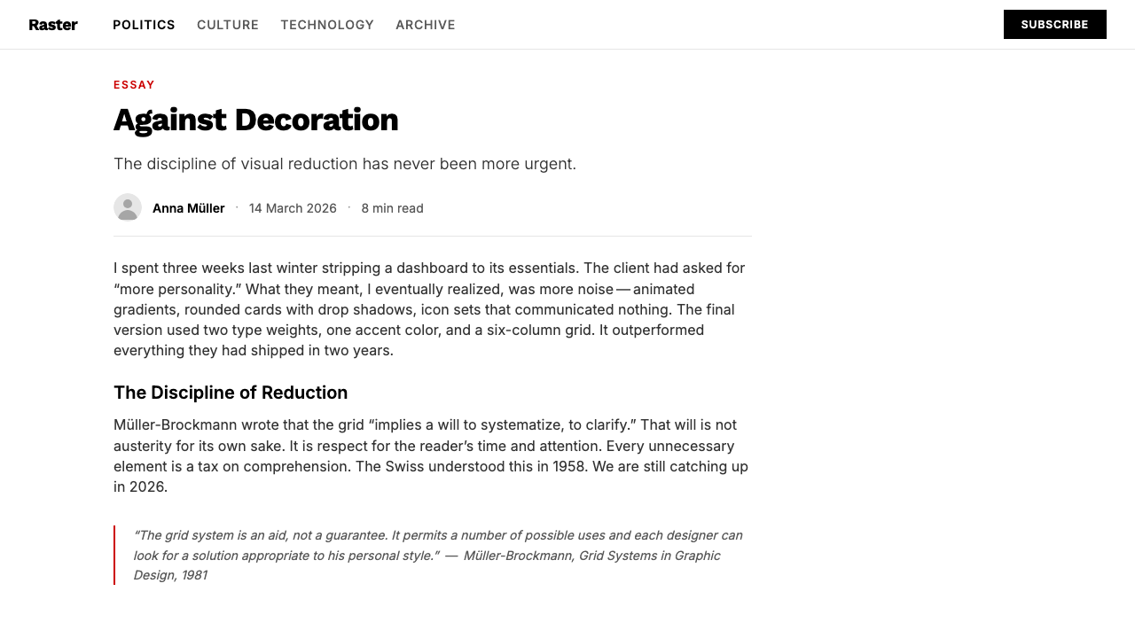 Swiss International Style design style applied to a Article page