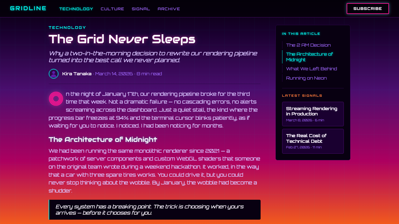 Synthwave Outrun 1984 design style applied to a Article page