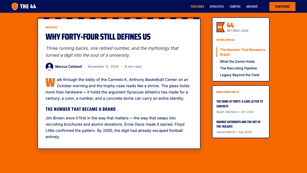 Syracuse Orange (College Athletics, 1870) design style applied to a Article page