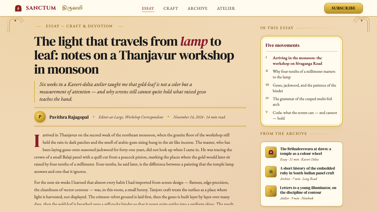 Tanjore Painting (Gold-leaf Tamil) design style applied to a Article page