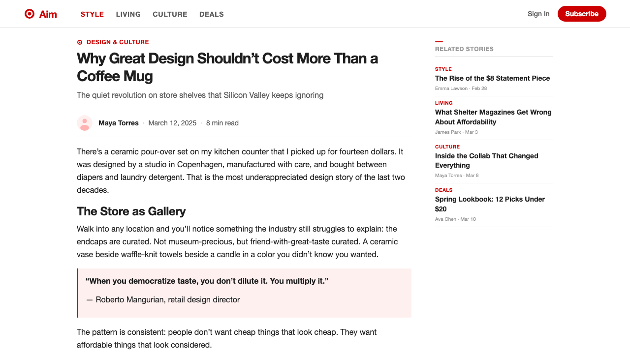 Target — Bullseye Red design style applied to a Article page