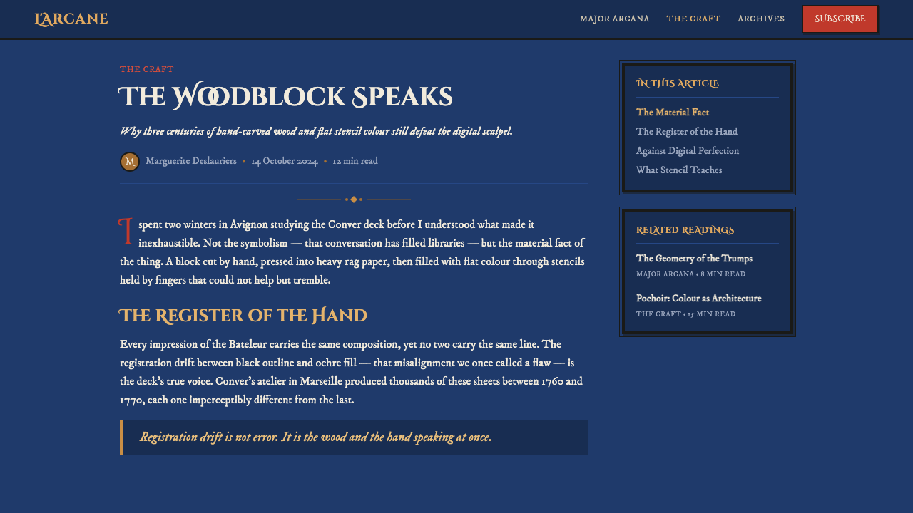 Tarot de Marseille design style applied to a Article page