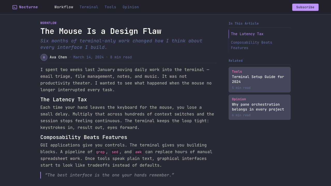 Terminal Vim Dracula (2014) design style applied to a Article page