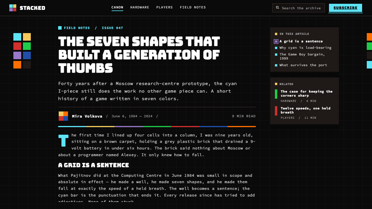 Tetris (1984) design style applied to a Article page