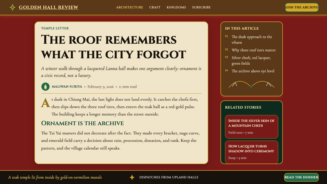 Thai Lanna Tai Yai Temple design style applied to a Article page