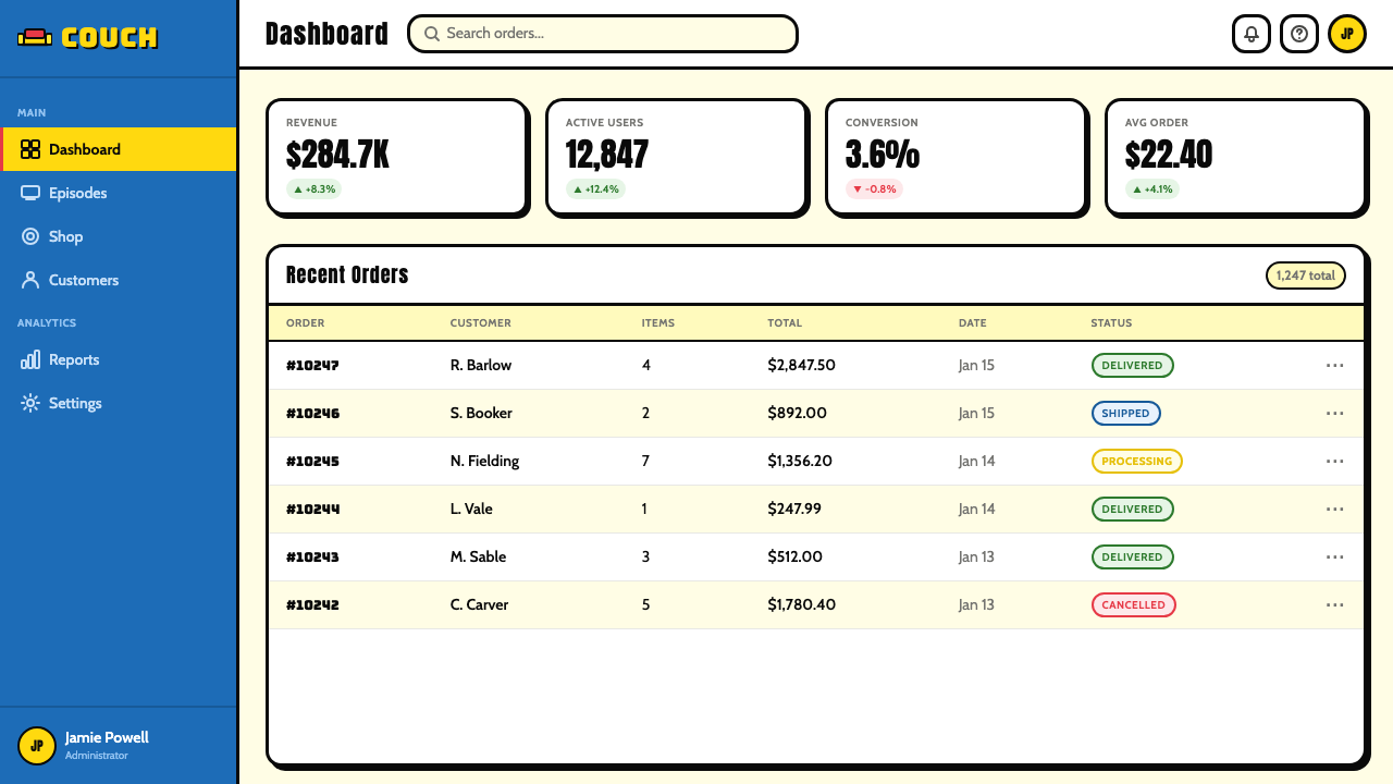 The Simpsons Yellow design style applied to a Dashboard