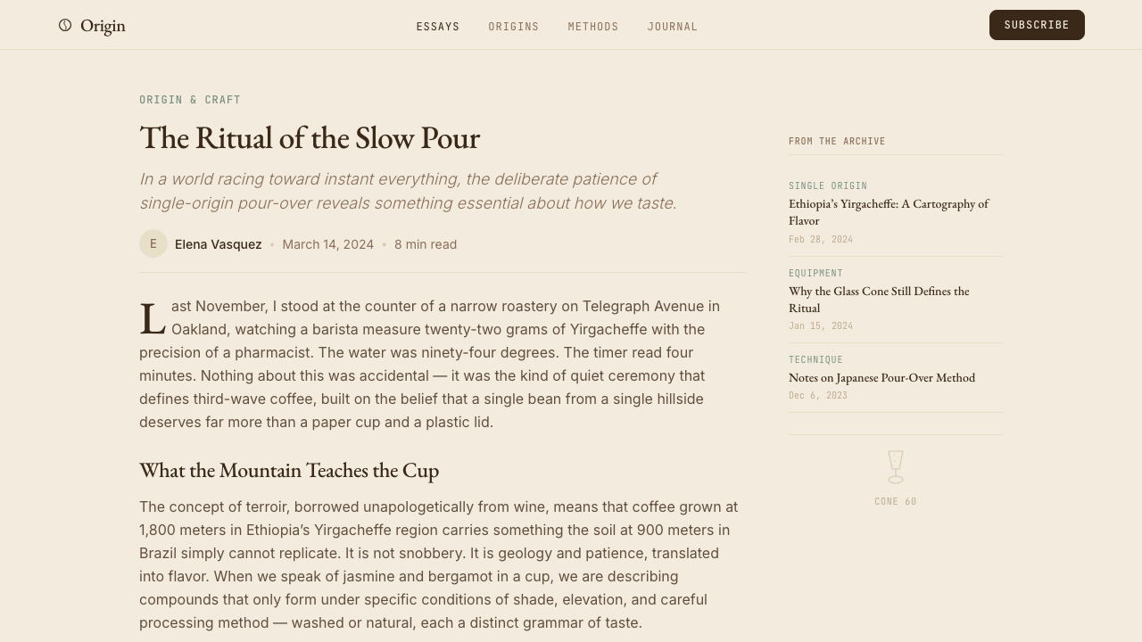 Third Wave Coffee design style applied to a Article page