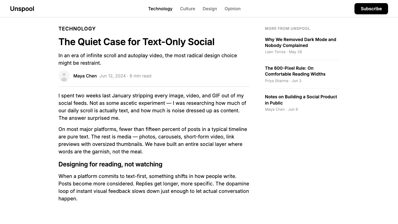 Threads (Meta) design style applied to a Article page