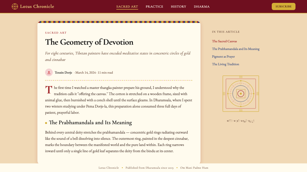 Tibetan Thangka Mandala design style applied to a Article page