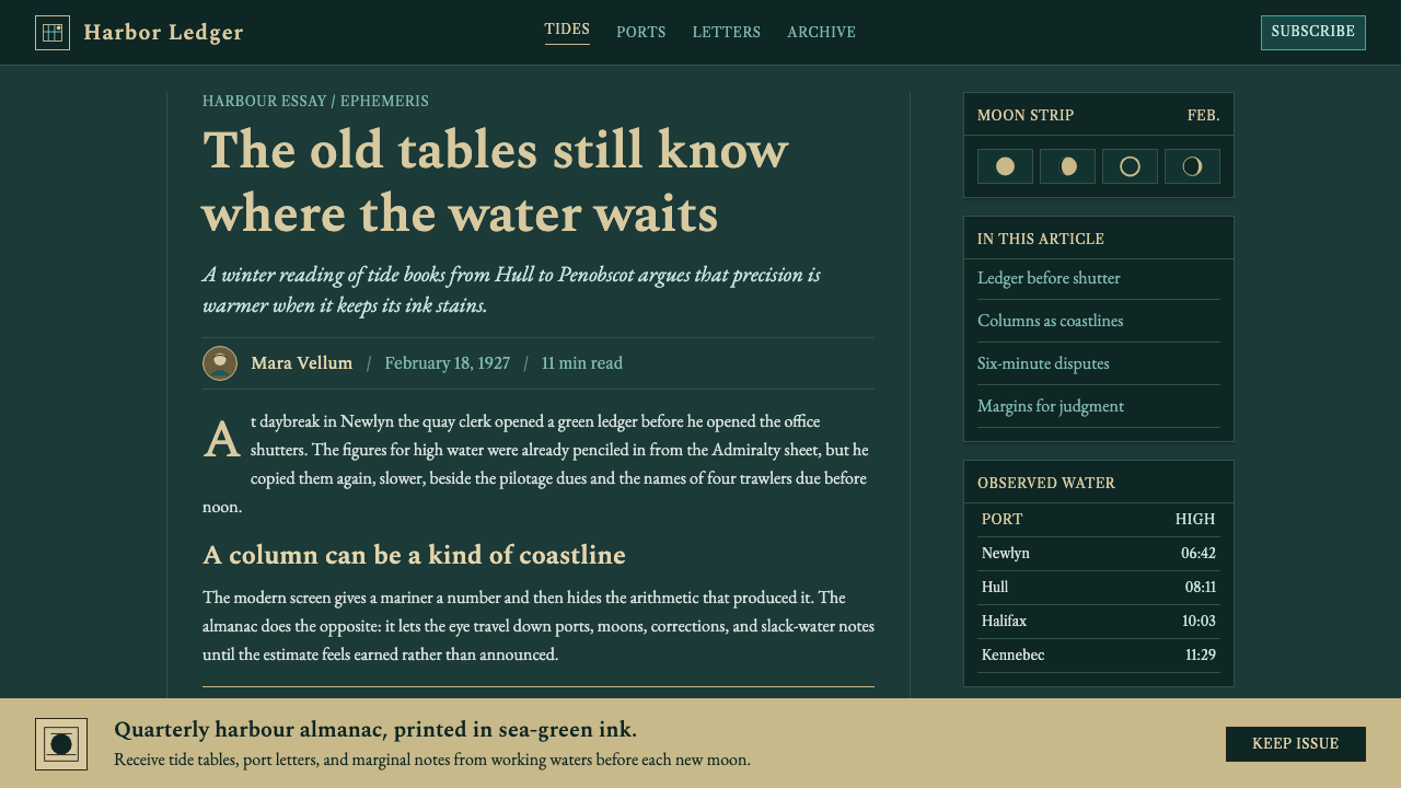 Tide Table Almanac design style applied to a Article page