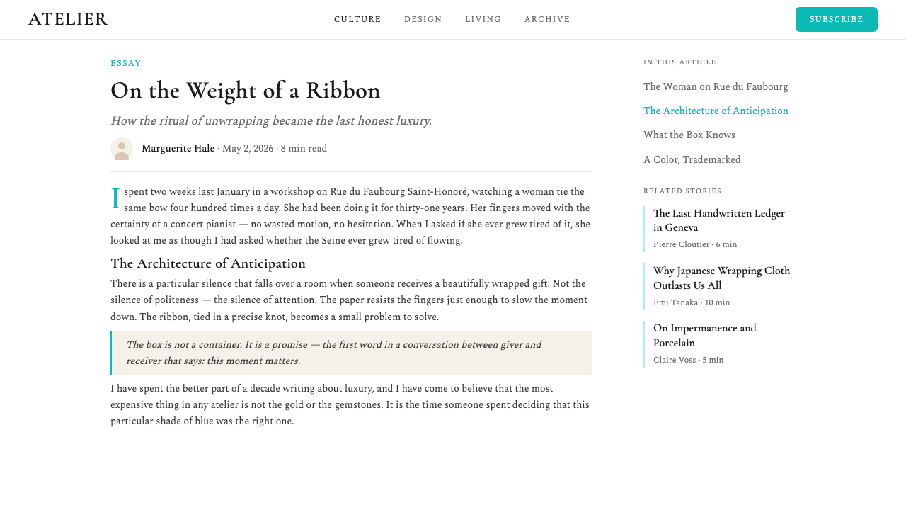 Tiffany & Co design style applied to a Article page