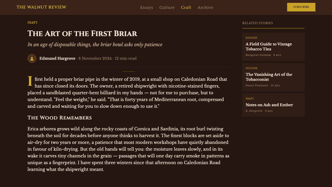 Briar Pipe & Tobacco design style applied to a Article page