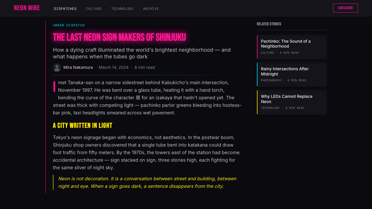 Tokyo Shinjuku Neon (1980) design style applied to a Article page