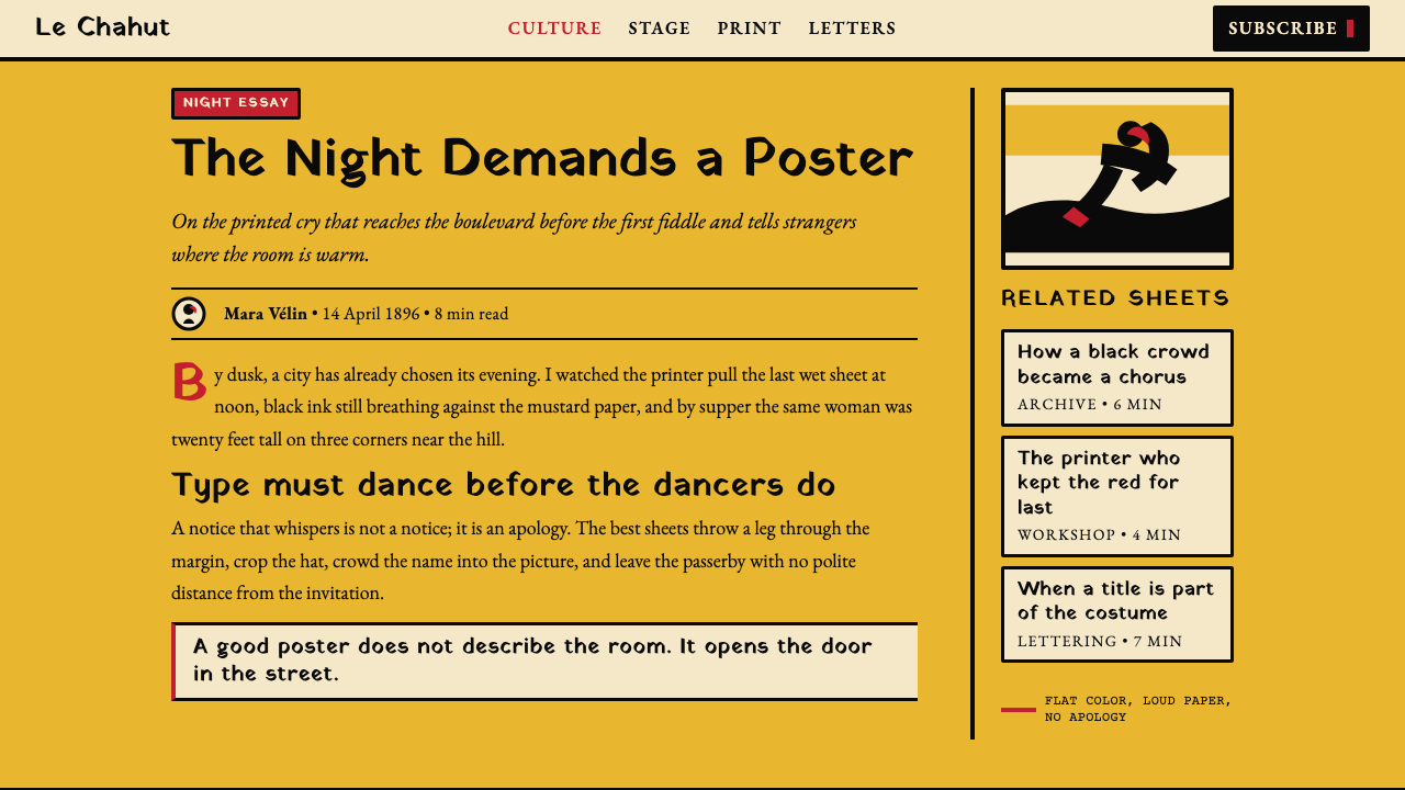 Toulouse-Lautrec Belle Époque design style applied to a Article page