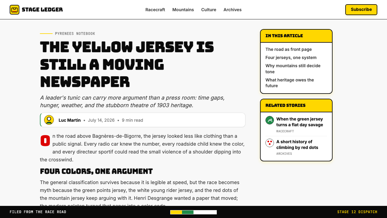 Tour de France (Yellow Jersey) design style applied to a Article page