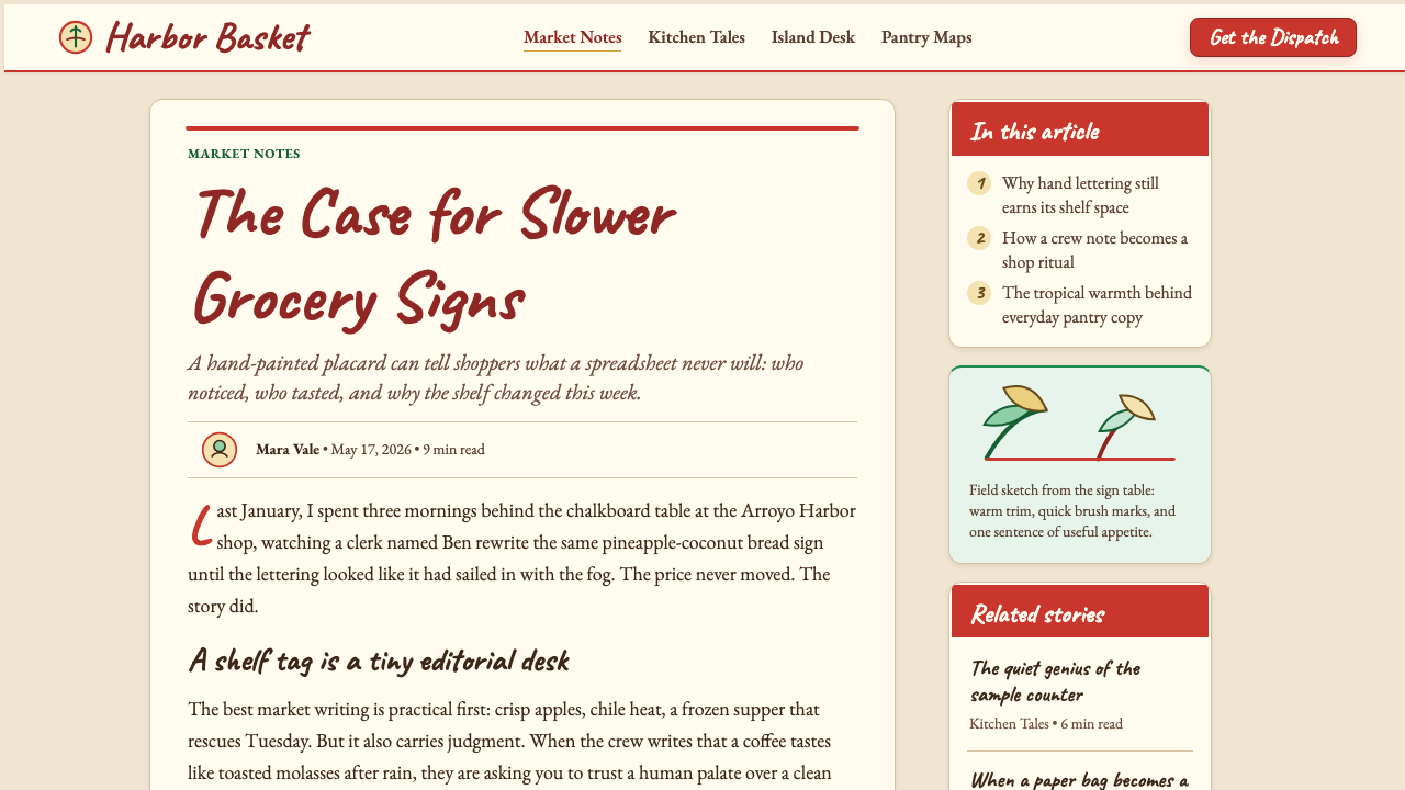 Trader Joe's Hand-Lettered design style applied to a Article page