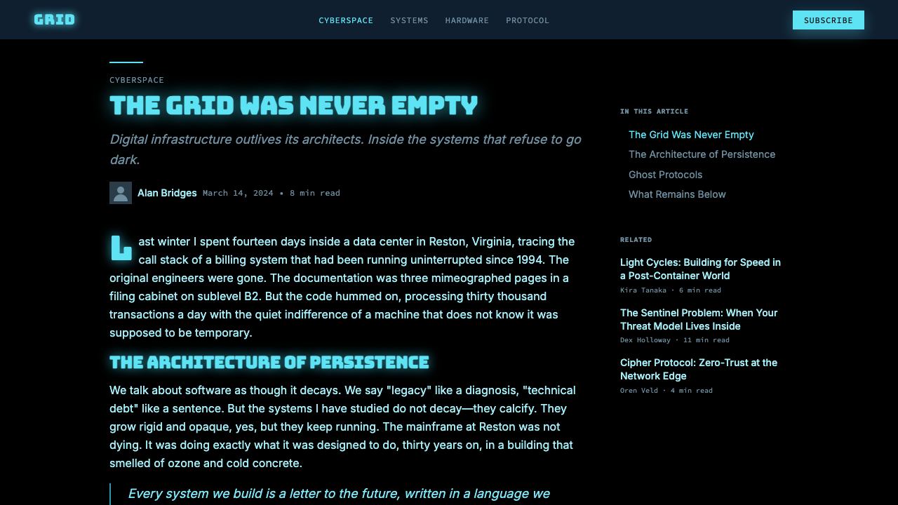 Tron Grid (1982) design style applied to a Article page