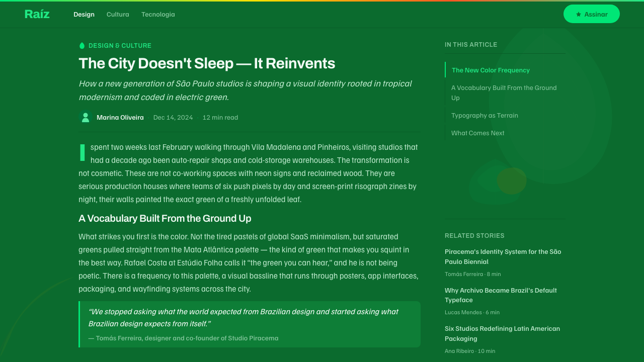Tropicália Modern design style applied to a Article page