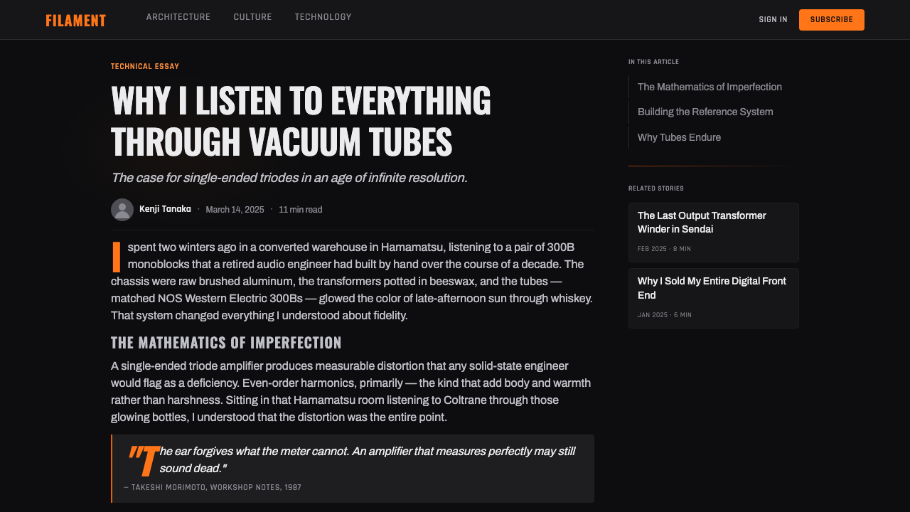 Vacuum Tube Amplifier design style applied to a Article page